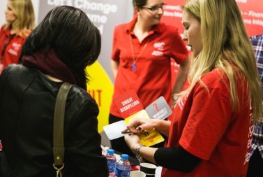Virgin Media brand ambassador chatting with a potential applicant